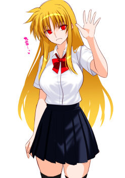  1girl black_skirt black_thighhighs blonde_hair bow bowtie breasts commentary_request engo_(aquawatery) fate_testarossa hand_up large_breasts long_hair looking_at_viewer lyrical_nanoha mahou_shoujo_lyrical_nanoha_strikers open_mouth pleated_skirt red_bow red_bowtie red_eyes school_uniform shirt skirt smile solo thighhighs translation_request very_long_hair white_shirt zettai_ryouiki 