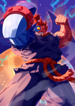  1boy akuma_(street_fighter) beads clenched_hands commentary cyber-akuma cyborg highres marvel_super_heroes_vs._street_fighter marvel_vs._capcom muscular muscular_male prayer_beads red_eyes red_hair solo topknot wings yagi2013 