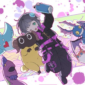  1girl :d absurdres arm_up belt black_jacket black_pants black_shirt feather_ray_(final_fantasy) final_fantasy final_fantasy_xiv gimme_cat green_eyes grey_hair highres holding holding_spray_can jabberwock_(final_fantasy) jacket lalafell leg_up looking_at_viewer mu_(final_fantasy) one_eye_closed open_mouth pants pink_belt red_nails shirt short_hair slit_pupils smile solo spray_can sugar_riot x_ggi yan_(final_fantasy) 