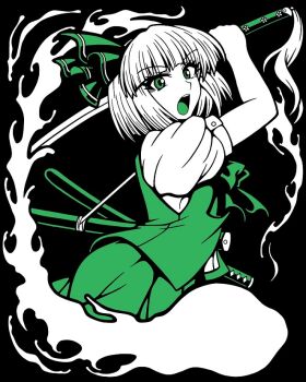 1girl ascot black_background female_focus frown ghost ghost_tail green_eyes konpaku_youmu looking_at_viewer macaroni_and_cheese_(artist) open_mouth posterized puffy_sleeves ribbon sheath sheathed skirt slashing solo sword touhou unsheathed weapon white_hair