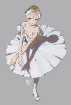 1girl ballerina ballet ballet_dress ballet_slippers bare_shoulders blonde_hair blue_eyes blush bomhat bow breasts collarbone commentary dancing full_body highres off-shoulder_leotard original pantyhose short_hair simple_background small_breasts solo symbol-only_commentary tutu white_pantyhose wispy_bangs rating:General score:11 user:danbooru