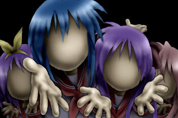  4girls black_background blue_hair commentary_request creepy derivative_work faceless faceless_female hiiragi_kagami hiiragi_tsukasa izumi_konata leica_(leica_xx) lucky_star multiple_girls neckerchief open_hand open_hands pink_hair pink_neckerchief purple_hair red_sailor_collar ryouou_school_uniform sailor_collar school_uniform takara_miyuki 
