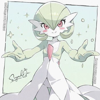  1girl artist_name blush blush_stickers bob_cut border breasts closed_mouth collarbone colored_skin cowboy_shot female_focus gardevoir gen_3_pokemon gradient_background green_background green_hair green_skin groin hair_between_eyes hands_up happy looking_at_viewer multicolored_skin nintendo no_pussy outside_border partial_humanization patreon_username pokemon pokemon_(creature) red_eyes short_hair signature small_breasts smile solo soy-chan sparkle split_mouth standing thigh_gap twitter_username two-tone_skin watermark web_address white_border white_skin 