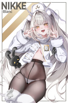  1girl :d absurdres animal_ears armband black_armband blanc_(fortune_express)_(nikke) blanc_(nikke) blunt_bangs blush boots breasts brown_pantyhose character_name commentary copyright_name covered_navel cowboy_shot crotch_seam double_w fake_animal_ears fang fingernails fur-trimmed_boots fur-trimmed_jacket fur-trimmed_sleeves fur_trim goddess_of_victory:_nikke grey_hair hair_intakes hair_ornament hands_up hat hat_with_ears high-waist_pantyhose highres inset_border jacket long_fingernails long_hair long_sleeves looking_at_viewer lower_teeth_only nail_art nail_polish no_bra no_pants official_alternate_costume official_alternate_hairstyle open_clothes open_jacket open_mouth outside_border panties panties_under_pantyhose pantyhose pom_pom_(clothes) pom_pom_hair_ornament rabbit_ears skin_fang small_breasts smile solo standing star_(symbol) star_hair_ornament stuffed_animal stuffed_rabbit stuffed_toy teeth thigh_boots twintails underwear very_long_hair w white_background white_boots white_jacket white_nails white_panties wish_(wish7101) yellow_eyes 