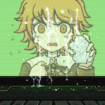  1boy alter_ego_(danganronpa) blush brown_hair computer cum cum_on_object cum_on_screen danganronpa:_trigger_happy_havoc danganronpa_(series) disgust embarrassed fujisaki_chihiro green_background green_eyes laptop open_mouth pointing pointing_at_self scared school_uniform screen simple_background solo sweat tagme tissue 