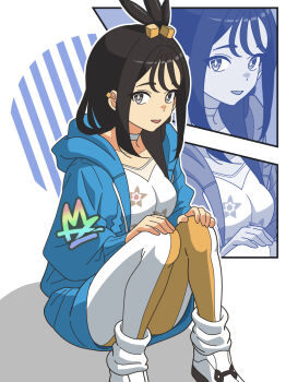  1girl black_hair blue_background blue_hoodie blue_jacket breasts choker cube_hair_ornament earclip grey_eyes hair_ornament highres hood hood_down hoodie jacket kanbei_(pixiv11037490) leggings lida_(pokemon) long_hair long_sleeves looking_at_viewer medium_breasts nintendo open_mouth orange_leggings pants pokemon pokemon_legends:_z-a puffy_long_sleeves puffy_sleeves shirt shoes smile socks solo topknot two-tone_legwear two-tone_pants white_choker white_leggings white_shoes white_socks wispy_bangs zoom_layer 