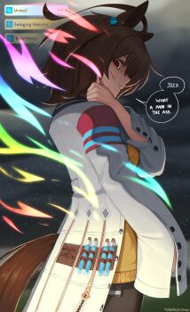  1girl absurdres agnes_tachyon_(tach-nology)_(umamusume) agnes_tachyon_(umamusume) ahoge animal_ears artist_name black_pantyhose brown_hair earrings english_text gameplay_mechanics hair_between_eyes highres horse_ears horse_girl horse_tail huge_ahoge jewelry lab_coat long_sleeves looking_at_viewer pantyhose parted_lips red_eyes shirt short_hair single_earring sleeves_past_fingers sleeves_past_wrists smile solo speech_bubble sweater sweater_vest tail teeth test_tube umamusume yellow_sweater yellow_sweater_vest yoako 