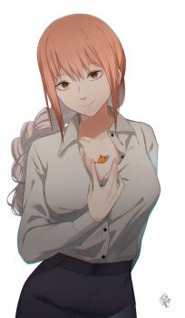  1girl black_pants braid breasts chainsaw_man closed_mouth commentary_request highres light_smile looking_at_viewer makima_(chainsaw_man) medium_breasts nekochu_(masamura38b) orange_hair pants partially_unbuttoned pochita_(chainsaw_man) shirt simple_background solo upper_body white_background white_shirt 