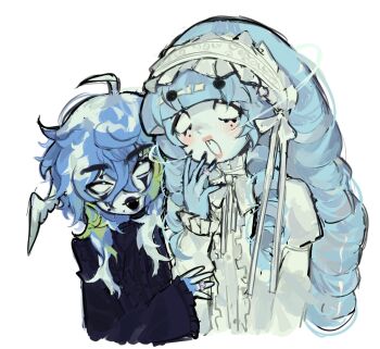  2girls black_lips black_shirt blue_hair blue_skin blush colored_skin dress drill_hair earth_(solarballs) fangs flat_chest green_hair hairband head_wings highres kaisun lolita_hairband long_hair mole mole_under_mouth multicolored_hair multiple_girls parted_lips personification pink_lips quad_drills shirt simple_background smile solarballs solid_eyes streaked_hair uranus_(solarballs) very_long_hair white_background white_dress white_eyes white_hairband wings 