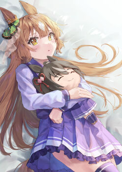  1girl absurdres animal_ears blush bow braid breasts brown_eyes brown_hair character_doll commentary doll double-parted_bangs ear_ornament ear_ribbon hair_between_eyes half_up_braid highres holding holding_doll horse_ears horse_girl horse_tail kitasan_black_(umamusume) long_hair long_sleeves lying multicolored_hair on_back parted_lips pleated_skirt purple_sailor_collar purple_serafuku purple_shirt purple_skirt purple_thighhighs sailor_collar sailor_shirt satono_diamond_(umamusume) school_uniform serafuku shirt skirt solo streaked_hair tail thighhighs tracen_school_uniform umamusume very_long_hair yoru_usagi 