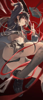  1girl absurdres arm_up black_hair black_jacket black_panties black_shirt black_shoes black_skirt black_socks breasts bright_pupils chisa_(wuthering_waves) commentary crop_top from_below from_side highres holding holding_sword holding_weapon jacket long_hair looking_at_viewer looking_down medium_breasts momo_(2240807) panties parted_lips red_background red_eyes shirt shoes skirt smile socks solo sword thighs underwear upskirt weapon white_pupils wuthering_waves 