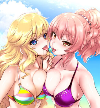  2girls bare_shoulders bikini blonde_hair blue_eyes blue_sky blush breast_press breasts candy cleavage cloud collarbone commentary_request day eyelashes food hair_between_eyes hair_ornament hair_scrunchie halterneck heart heart-shaped_pupils highres idolmaster idolmaster_cinderella_girls jougasaki_mika large_breasts licking lollipop long_hair looking_at_viewer multiple_girls ohtsuki_yui open_mouth photoshop_(medium) pink_hair ponytail purple_bikini scrunchie sidelocks sky smile striped_bikini striped_clothes sunlight swept_bangs swimsuit symbol-shaped_pupils tongue tongue_out wavy_hair yasui_riosuke yellow_eyes 