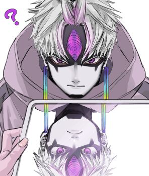 1boy ? annoyed aura colored_skin confused dandadan dr.k_(doctorkodok) earrings enjoji_jin enjoji_jin_(possessed) highres holding_hands hood hood_down hooded_jacket jacket jewelry male_focus mirror pale_skin portrait purple_eyes purple_hair purple_jacket rainbow_earrings reflection serious solo spiked_hair third_eye upper_body white_background white_hair 