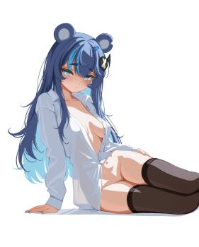  1girl alternate_costume arm_support bear_girl black_thighhighs blue_eyes blue_hair blue_nails breasts breasts_apart closed_mouth collared_shirt feet_out_of_frame fujikura_uruka groin hair_ornament hand_on_own_hip highres light_blush long_hair looking_at_viewer medium_breasts naked_shirt navel partially_unbuttoned phase_connect reclining sansha_art second-party_source see-through_silhouette shirt short_eyebrows solo thighhighs virtual_youtuber white_shirt  rating:Questionable score:37 user:danbooru