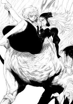  2girls absurdres arm_around_back bare_shoulders barefoot black_dress black_hood breasts carrying centauroid claws cleavage detached_sleeves dress dungeon_meshi falin_touden falin_touden_(chimera) fangs feathered_wings fur-trimmed_sleeves fur_trim greyscale hashtag-only_commentary highres holding holding_another's_ankle holding_staff hood hood_up landtower03 long_hair marcille_donato marcille_donato_(lord) medium_breasts monochrome monster_girl multiple_girls open_mouth princess_carry short_hair slit_pupils staff taur white_background wings 