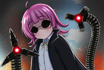  1girl absurdres ahoge black_coat blue_sky blunt_bangs blunt_ends blush buttons closed_mouth cloud cloudy_sky coat collared_shirt commentary cosplay day doctor_octopus doctor_octopus_(cosplay) english_commentary expressionless fire ganmodoki_(gnm_rx178) glowing glowing_eye highres kishimen_hair light_particles long_sleeves looking_at_viewer love_live! love_live!_nijigasaki_high_school_idol_club marvel mechanical_arms medium_hair mixed-language_commentary neck_ribbon open_clothes open_coat outdoors pink_hair red_eyes ribbon round_eyewear shirt sky smoke smoke_trail solo spider-man:_no_way_home spider-man_(series) spider-man_2_(2004) sunglasses tennoji_rina trench_coat upper_body white_shirt yellow_eyes yellow_ribbon 