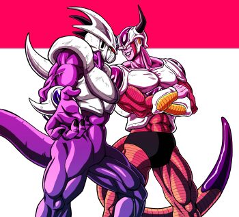  2boys 2nd_form_frieza abs absurdres alien armor biceps black_nails black_shorts brothers colored_skin commentary cooler_(dragon_ball) cooler_(fifth_form)_(dragon_ball) crossed_arms dragon_ball dragonball_z evil_grin evil_smile eye_contact frieza grin helmet highres horns lips looking_at_another mask mouth_mask multiple_boys muscular muscular_male no_humans no_pupils pink_background pink_skin purple_skin red_eyes shinomiya_akino shorts shoulder_armor siblings smile spikes tail teeth vambraces veins white_background 
