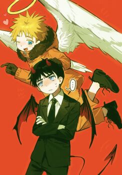  ... 2boys alternate_costume angel_and_devil black_necktie blonde_hair blue_eyes blush brown_gloves chun_baii commentary crossed_arms demon_horns demon_wings feathered_wings formal_clothes fur-trimmed_hood fur_trim gloves halo hand_on_another's_head highres hood horns jacket kenny_mccormick male_focus midair multiple_boys necktie one_eye_closed orange_jacket orange_pants pants south_park spoken_ellipsis stan_marsh suit sweat symbol-only_commentary wings yellow_halo 