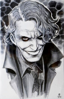  1boy 2012 batman_(series) commentary dc_comics english_commentary greyscale grin heath_ledger jacket jim_cheung looking_at_viewer makeup male_focus monochrome necktie portrait real_life shirt short_hair side_part sketch smile solo the_dark_knight the_joker third-party_source western_comics_(style) wrinkled_skin 