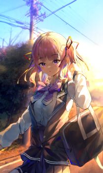  1girl :o absurdres ap04astral bag black_ribbon black_skirt black_vest blush bow bowtie cevio collared_shirt commentary_request cowboy_shot day hair_ribbon hand_up highres long_hair long_sleeves looking_at_viewer natsuki_karin open_mouth outdoors pleated_skirt power_lines purple_bow purple_bowtie purple_eyes red_hair ribbon school_bag shirt skirt solo synthesizer_v twintails vest white_shirt 