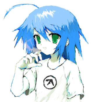  aphex_twin auksechan blue_hair cigarette green_eyes highres holding holding_cigarette izumi_konata lucky_star mole mole_under_eye open_mouth shirt t-shirt upper_body white_background white_shirt  rating:General score:21 user:danbooru