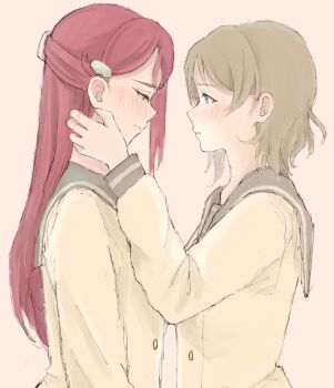  2girls blue_eyes blush buttons closed_mouth commentary_request grey_hair grey_sailor_collar half_updo hand_on_another's_neck highres long_hair long_sleeves looking_at_another looking_down love_live! love_live!_sunshine!! medium_hair multiple_girls omo_(moche_moche92) parted_lips pink_background red_hair sailor_collar sakurauchi_riko school_uniform serafuku simple_background upper_body uranohoshi_school_uniform watanabe_you winter_uniform yellow_eyes yuri 