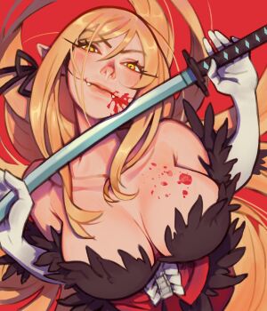  1girl absurdres blonde_hair blood blood_on_breasts breasts cleavage dress elbow_gloves fang feather-trimmed_dress feather-trimmed_gloves feather_trim gloves hair_between_eyes highres holding holding_sword holding_weapon kiss-shot_acerola-orion_heart-under-blade kizumonogatari large_breasts lenny_izquierdo long_hair looking_at_viewer looking_down monogatari_(series) oshino_shinobu pointy_ears red_background red_dress smile solo strapless strapless_dress sword vampire weapon white_gloves yellow_eyes 