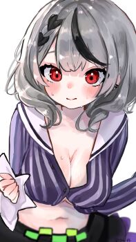  1girl alternate_costume blurry_edges blush braid breasts cleavage closed_mouth commentary_request crop_top cropped_shirt grey_hair haro_(1026_86) highres hololive large_breasts long_sleeves looking_at_viewer medium_hair multicolored_hair navel purple_shirt red_eyes sakamata_chloe shirt simple_background solo stomach streaked_hair striped_clothes striped_shirt sweat twitter_username upper_body vertical-striped_clothes vertical-striped_shirt virtual_youtuber white_background 