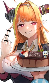  2girls absurdres ahoge amane_kanata bar_censor black_bow black_jacket blonde_streaks blush bow breasts bright_pupils brown_hairband cake censored chain chain_necklace chocolate_cake collared_shirt commentary commentary_request diagonal-striped_bow dragon_girl dragon_horns english_commentary fang female_pov food grin hair_ornament hairband highres holding holding_plate hololive horn_bow horn_ornament horns jacket jewelry kiryu_coco kiryu_coco_(1st_costume) large_breasts long_hair looking_at_viewer middle_finger mixed-language_commentary multicolored_hair multiple_girls necklace orange_hair parted_bangs plate pointy_ears pov red_eyes shirt simple_background skin_fang smile solo_focus streaked_hair striped_bow translation_request upper_body v-shaped_eyebrows virtual_youtuber white_background white_pupils white_shirt xue_lian_wa_noel 