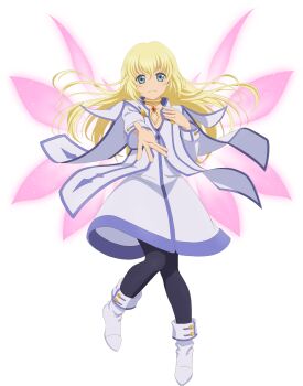  1girl artist_request black_pantyhose blonde_hair blue_eyes blue_trim boots closed_mouth colette_brunel energy_wings full_body game_cg gem gold_choker hand_on_own_chest highres jewelry long_hair looking_at_viewer necklace official_art pantyhose pink_wings purple_wings red_gem smile solo tales_of_(series) tales_of_asteria tales_of_symphonia third-party_source transparent_background white_boots wings 