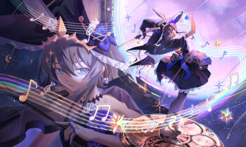  1girl absurdres ambience_synesthesia amiya_(arknights) amiya_(medic)_(arknights) amiya_(medic)_(solo_around_the_world)_(arknights) animal_ear_fluff animal_ears arknights black_dress black_pantyhose blue_eyes brown_hair chinese_commentary closed_mouth commentary_request dress earrings extra_ears food fruit full_body hair_between_eyes hat high_heels highres holding holding_food holding_fruit holding_instrument holding_violin hundun_hdun instrument jewelry light_smile long_hair long_sidelocks looking_at_viewer multiple_rings multiple_views music official_alternate_costume pantyhose playing_instrument rabbit_ears rabbit_girl ring sidelocks sky sleeveless sleeveless_dress standing star_(sky) starry_sky top_hat violin witch_hat 