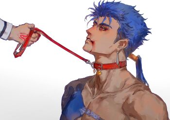  2boys absurdres animal_collar bdsm bell blood blood_on_face blue_hair collar cu_chulainn_(fate) earrings fate/grand_order fate_(series) fujimaru_ritsuka_(male) hair_tubes highres holding holding_leash implied_yaoi injury jewelry leash long_hair male_focus multiple_boys neck_bell open_mouth ponytail qi_(kirklanqi) red_eyes simple_background single_hair_tube white_background 