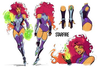  1girl armbinder boots colored_sclera colored_skin dc_comics highres marvel marvel_rivals orange_skin purple_boots purple_tank_top red_hair skcd_loen starfire superhero_costume tamaranean tank_top teen_titans 
