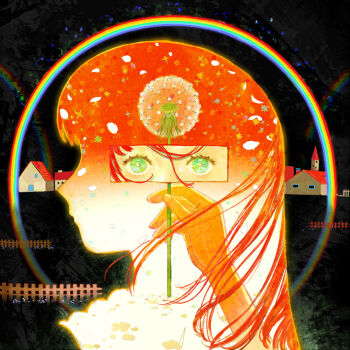  1girl chinese_commentary commentary_request dandelion eye_focus eyelashes fence flower green_eyes holding holding_flower house long_hair original petals rainbow red_hair solo white_petals wooden_fence yin_0909  rating:General score:0 user:danbooru