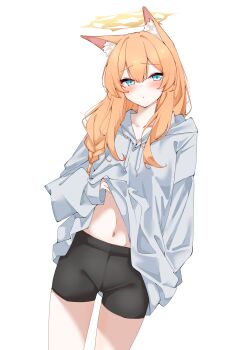  1girl absurdres alternate_costume animal_ears arm_behind_back bike_shorts black_shorts blue_archive blue_eyes blush casual clothes_lift commentary_request expressionless grey_hoodie hair_between_eyes halo highres hood hoodie hoodie_lift kabocya_na lifting_own_clothes long_hair mari_(blue_archive) navel one_ear_down open_mouth orange_hair shorts sleeves_past_fingers sleeves_past_wrists solo standing stomach thighs yellow_halo 