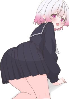  1girl all_fours ass bent_over black_serafuku black_skirt fang from_behind gradient_hair highres long_sleeves looking_at_viewer looking_back mahou_shoujo_no_majo_saiban medium_hair multicolored_hair neckerchief open_mouth pale_skin pink_eyes pink_hair sakuraba_ema school_uniform serafuku shadow simple_background skin_fang skirt tabedesuyo two-tone_hair white_background white_hair white_neckerchief 
