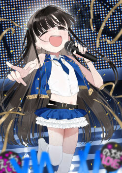  1girl ;d ahoge belt black_belt black_eyes black_hair blue_necktie blue_skirt blue_vest blunt_bangs boots commentary_request confetti flat_chest gold_necklace highres holding holding_microphone idol jewelry layered_skirt long_hair microphone midriff miniskirt navel necklace necktie one_eye_closed open_clothes open_mouth open_vest pointing ronna shirt skirt sleeveless smile solo stage standing standing_on_one_leg sweat tachikawa_nobuo teeth thighhighs ts_loli_oji-san_no_boukan upper_teeth_only very_long_hair vest white_boots white_shirt white_thighhighs 