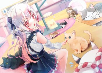  1girl :d absurdres bare_shoulders cat commentary dot_nose gradient_hair highres hololive horn_ornament horns looking_at_viewer multicolored_hair nakiri_ayame nakiri_ayame_(girly) official_alternate_costume oni open_mouth paw_print poyoyo_(nakiri_ayame) red_eyes red_hair rope shimenawa smile untranslatable_commentary virtual_youtuber white_hair winexc 