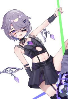  1girl absurdres bandaid bandaid_on_cheek bandaid_on_face black_choker black_skirt castellayaki chest_jewel choker commentary english_commentary eyepatch flat_chest frilled_choker frills hair_ornament hair_over_one_eye highres hololive hololive_english jewel_under_eye koseki_bijou koseki_bijou_(casual) light_blush looking_at_viewer midriff nail_polish navel official_alternate_costume open_mouth purple_eyes purple_hair purple_nails short_hair simple_background skirt virtual_youtuber 