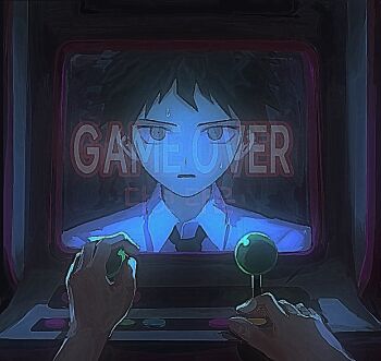  1boy arcade_cabinet commentary_request danganronpa_(series) danganronpa_2:_goodbye_despair game_over hinata_hajime korean_commentary korean_text male_focus mixed-language_text monitor necktie pov reflection sg_(sallgam) shirt short_hair solo upper_body white_shirt 