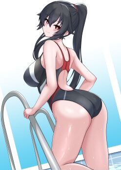  1girl ass black_hair blush breasts commentary_request competition_swimsuit day highres indoors kantai_collection large_breasts long_hair looking_at_viewer looking_back one-piece_swimsuit ponytail pool pool_ladder poolside red_eyes rei_no_pool smile solo swimsuit tokiwa_senkei water wet yahagi_(kancolle) 