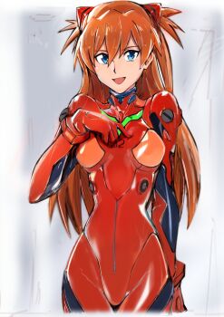  1girl arm_behind_back blue_eyes bodysuit breasts brown_hair curvy hair_between_eyes hair_ornament hand_on_own_chest highres interface_headset_(evangelion) long_hair looking_at_viewer mecha_pilot_suit medium_breasts neon_genesis_evangelion plugsuit_(evangelion) red_bodysuit shiny_clothes simple_background skin_tight solo source_request souryuu_asuka_langley two_side_up very_long_hair white_background wide_hips zele_(zele_yabenu)  rating:Sensitive score:19 user:danbooru