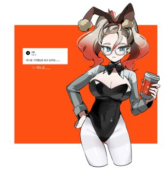  1girl animal_ears black_bow black_bowtie black_leotard blue_eyes bow bowtie breasts brown_hairband cleavage cup disposable_coffee_cup disposable_cup ebi_(shrimp_eleven) glasses gradient_hair griselle_(pokemon) hairband highres holding holding_cup large_breasts leotard looking_at_viewer multicolored_hair nintendo orange_hair pantyhose parted_lips playboy_bunny pokemon pokemon_legends:_z-a ponytail rabbit_ears red_hair shrug_(clothing) two-tone_hair white-framed_eyewear white_hair white_pantyhose white_shrug 