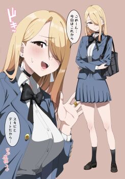  1girl :d bag black_bow black_bowtie black_choker black_jacket black_socks blonde_hair blue_skirt blush bow bowtie brown_background brown_eyes choker collared_shirt commentary_request crossed_arms earrings full_body hair_over_one_eye highres jacket jewelry kuro_(toi_et_moi) long_hair long_sleeves looking_at_viewer loose_bowtie mary_janes nail_polish open_clothes open_jacket open_mouth original pleated_skirt ring school_bag school_uniform shirt shoes simple_background skirt smile socks speech_bubble sweatdrop white_shirt 