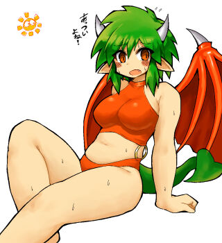  1girl :o bikini blush breasts draco_centauros dragon_girl dragon_horns dragon_tail dragon_wings fang feet_out_of_frame flying_sweatdrops green_hair hair_between_eyes horns hot kurokogeee large_breasts leg_up medium_hair midriff navel o-ring o-ring_bikini open_mouth orange_eyes pointy_ears puyo_(puyopuyo) puyopuyo puyopuyo_sun raised_inner_eyebrows red_bikini simple_background sitting solo sun sun_with_face sweat sweatdrop swimsuit tail tankini translation_request white_background wings 