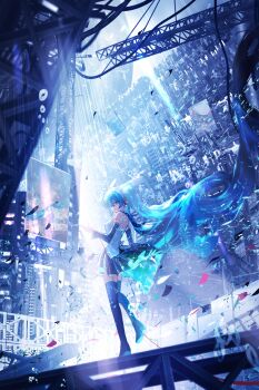  1girl absurdly_long_hair absurdres air_bubble black_skirt black_thighhighs blue_eyes blue_hair blue_theme blue_trim boots bubble building commentary_request detached_sleeves from_behind full_body grey_shirt hair_between_eyes hair_ornament hatsune_miku headphones highres light_rays long_hair long_sleeves looking_at_viewer makoron117117 number_tattoo open_mouth pink_petals pleated_skirt shirt shoulder_tattoo sideways_glance skirt sleeveless sleeveless_shirt smile solo tattoo thigh_boots thighhighs truss turning_head underwater very_long_hair vocaloid walking wire 