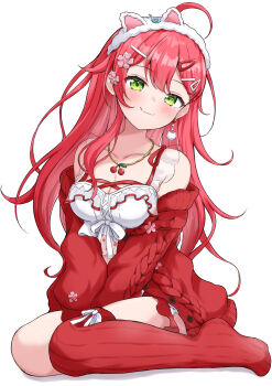  1girl absurdres ahoge animal_ear_hairband animal_ears asymmetrical_legwear babydoll blush bow breasts cardigan cat_ear_hairband cat_ears commentary_request double-parted_bangs earrings fake_animal_ears feet frilled_babydoll frilled_shorts frills front_slit full_body green_eyes hair_between_eyes hair_bow hairband highres hololive jewelry long_hair looking_at_viewer multiple_views navel necklace official_alternate_costume official_alternate_hairstyle red_cardigan red_shorts red_thighhighs ribbed_thighhighs rinkaa_(lovelive765pro2) sakura_miko sakura_miko_(loungewear) short_shorts shorts simple_background single_earring single_sidelock single_thighhigh sitting sleeves_past_wrists smile socks thighhighs uneven_legwear virtual_youtuber wariza white_background 
