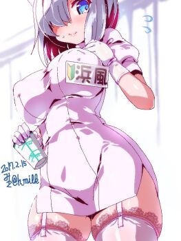  10s 1girl 2017 alternate_costume blue_eyes blush breasts character_name dated female_focus garter_belt garter_straps gloves hair_ornament hair_over_one_eye hairclip hamakaze_(kancolle) huge_breasts kantai_collection lace lace-trimmed_legwear lace_trim looking_at_viewer miuku_(marine_sapphire) name_tag short_hair shoshinsha_mark silver_hair solo thighhighs thighs white_gloves  rating:Sensitive score:19 user:danbooru