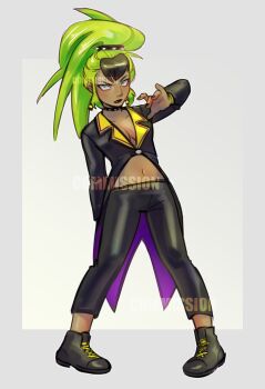  1girl 2023 black_hair black_pants black_scrunchie black_shirt black_shoes blue_eyes blush border breasts cleavage collar commentary commission contrapposto earrings english_commentary female_focus full_body furrowed_brow green_hair grey_border hand_up high_ponytail highres humanization idw_publishing jewelry lapels long_hair looking_at_viewer m/ maitroll medium_breasts midriff multicolored_hair navel notched_lapels open_hand pants ponytail scrunchie sega shirt shoes simple_background solo sonic_(series) sonic_the_hedgehog_(idw) spiked_collar spikes standing streaked_hair surge_the_tenrec variant_set waist_cape water watermark white_background yellow_trim 