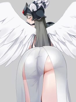  1girl angel_wings aozorayukkuri armor ass ass_focus bikini_armor blush cat_valkyrie_(nyanko_daisensou) closed_eyes embarrassed grey_background grey_hair helmet highres long_hair looking_back nyanko_daisensou shoulder_armor simple_background solo thighs winged_helmet wings 